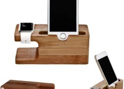 Apple Watch Stand, Qcute [Charging Dock] Bamboo Wood Charge Station /Cradle for Apple Watch & iPhone - Fits iPhone Models: SE/ 5S / 6 / 6 plus/6s and both 42mm & 38mm sizes of 2015 Watch Models (Bamboo Wood)
