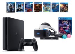 PlayStation VR Launch Bundle 8 Items:VR Launch Bundle,PlayStation 4 Slim- Uncharted 4,6 VR Game Disc Until Dawn:Rush of Blood, EVE:Valkyrie,Battlezone,Batman:Arkham VR, DriveClub,Battlezone
