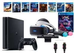 PlayStation VR Launch Bundle 9 Items:VR Launch Bundle,PS4 Slim- Uncharted 4,7VR Game Disc Until Dawn:Rush of Blood, Valkyrie,Battlezone,Arkham VR, DriveClub,Eagle Flight,Combat League