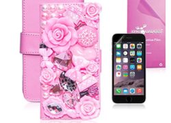 EpicGadget(TM) iPhone 6 Case, Luxury 3D Bling Handmade Wallet Leather Case Stand Cover Flip Purse with Card Pockets for iPhone 6 [4.7] + EpicGadget(TM) HD Clear Screen Protector For iPhone 6 [4.7] (US Seller!!) (Pink Floral Fairy Wallet Case)